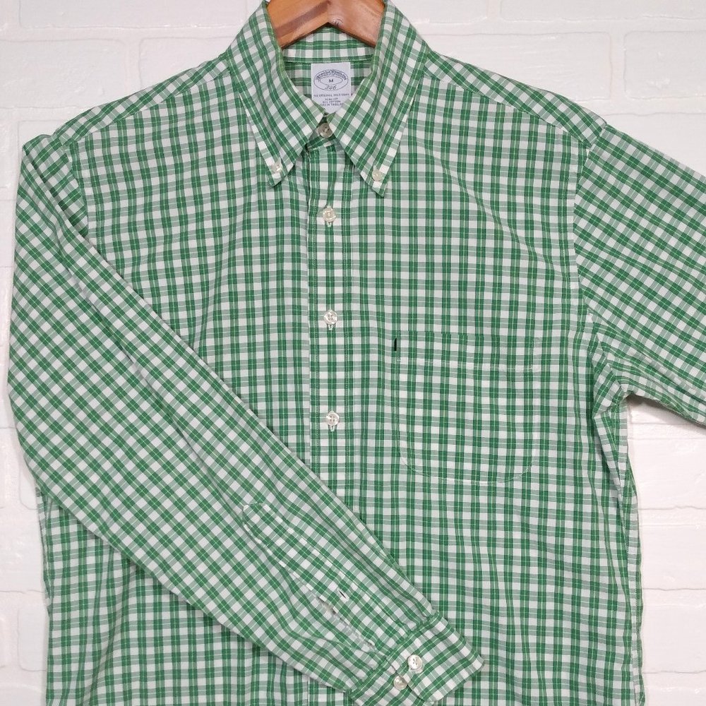 Brooks Brothers men's green plaid long sleeve button shirt slim fit medium